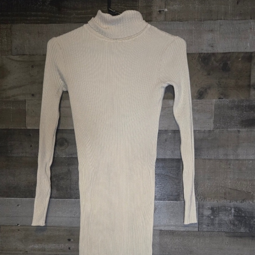 Cream Ribbed Turtleneck Sweater Dress